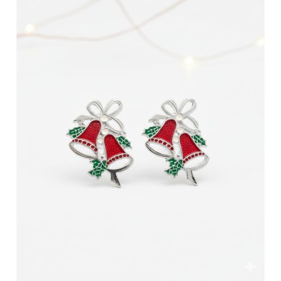 Vintage Red & Green Enamel Christmas Bell Clip-On Earrings Silver-Tone Holiday J - Picture 3 of 4